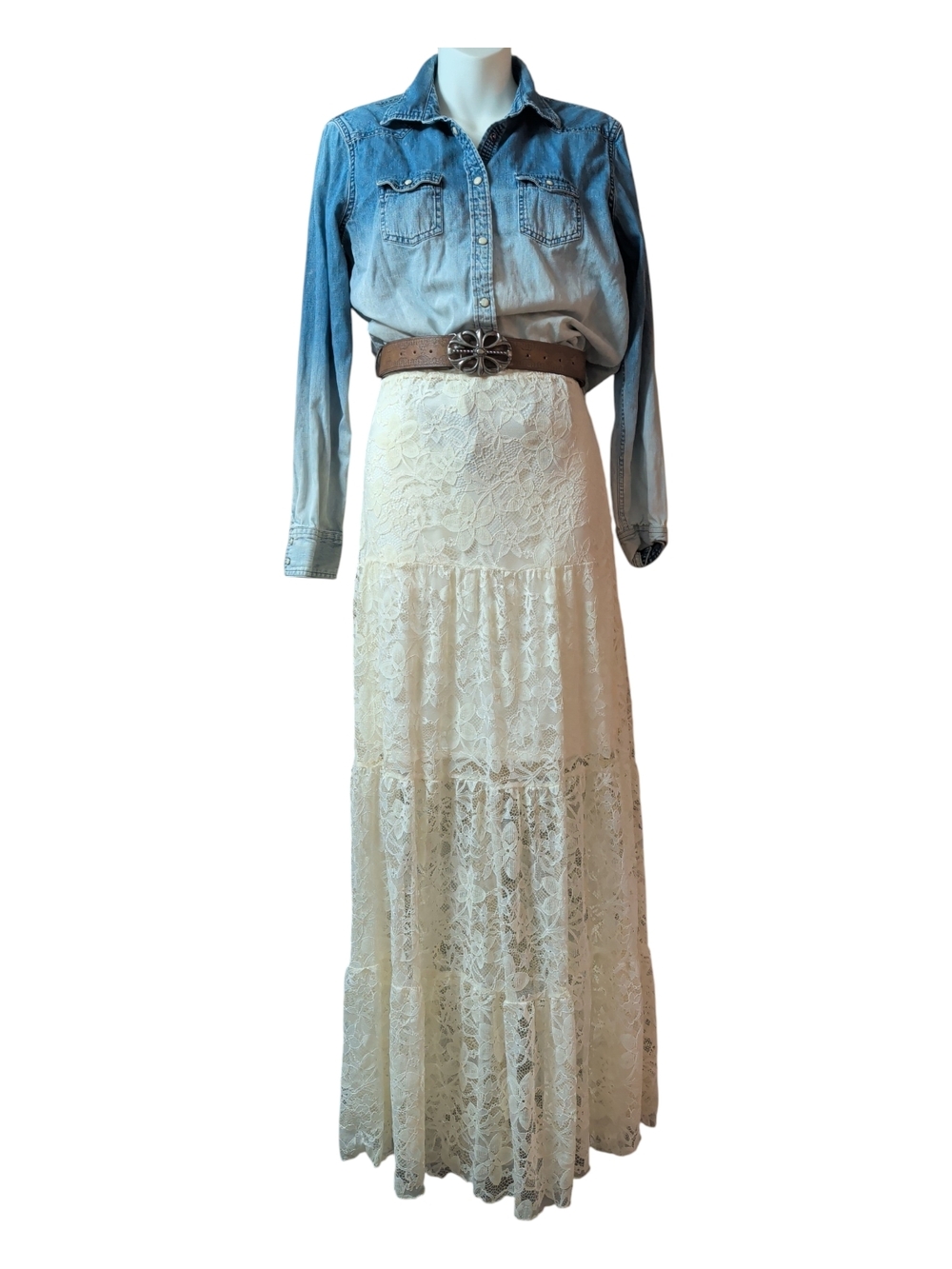 Vigoss Ivory Lace Maxi Skirt with Tiered Lace Panels